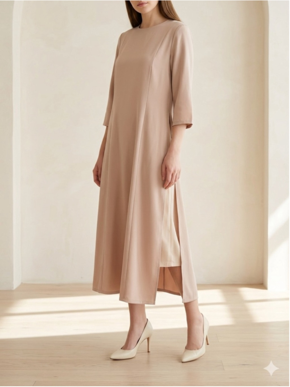 The Collective Minimalist Layered Overlay Dress Beige Tan Nude L Casual Modest
